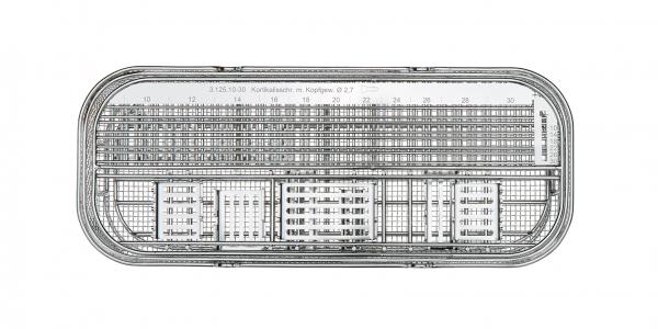 Perforated autoclavable container with inset for instruments and reco plates 2.7